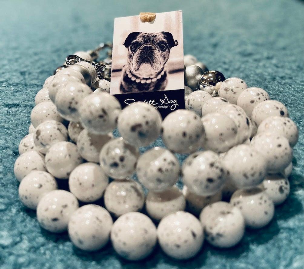 Scarlett Dog - Beaded Dog Necklace with 20mm Opaque White Beads with Silver Accents - Circus of Books